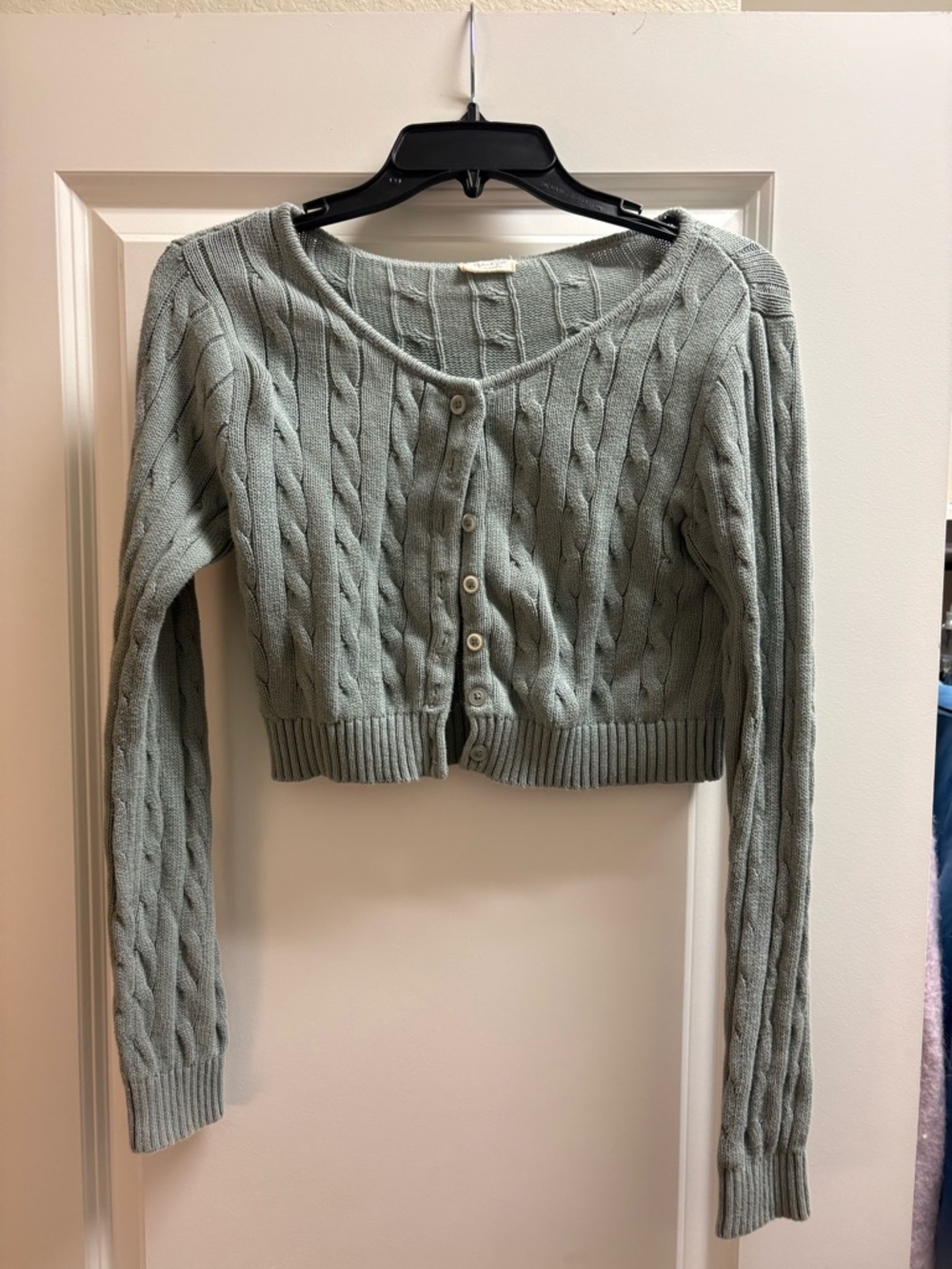 John Galt Cropped Cable-Knit Button-Front Sweater Cardigan - Sage Green